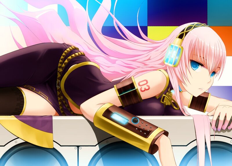 pink-haired anime character with headphones