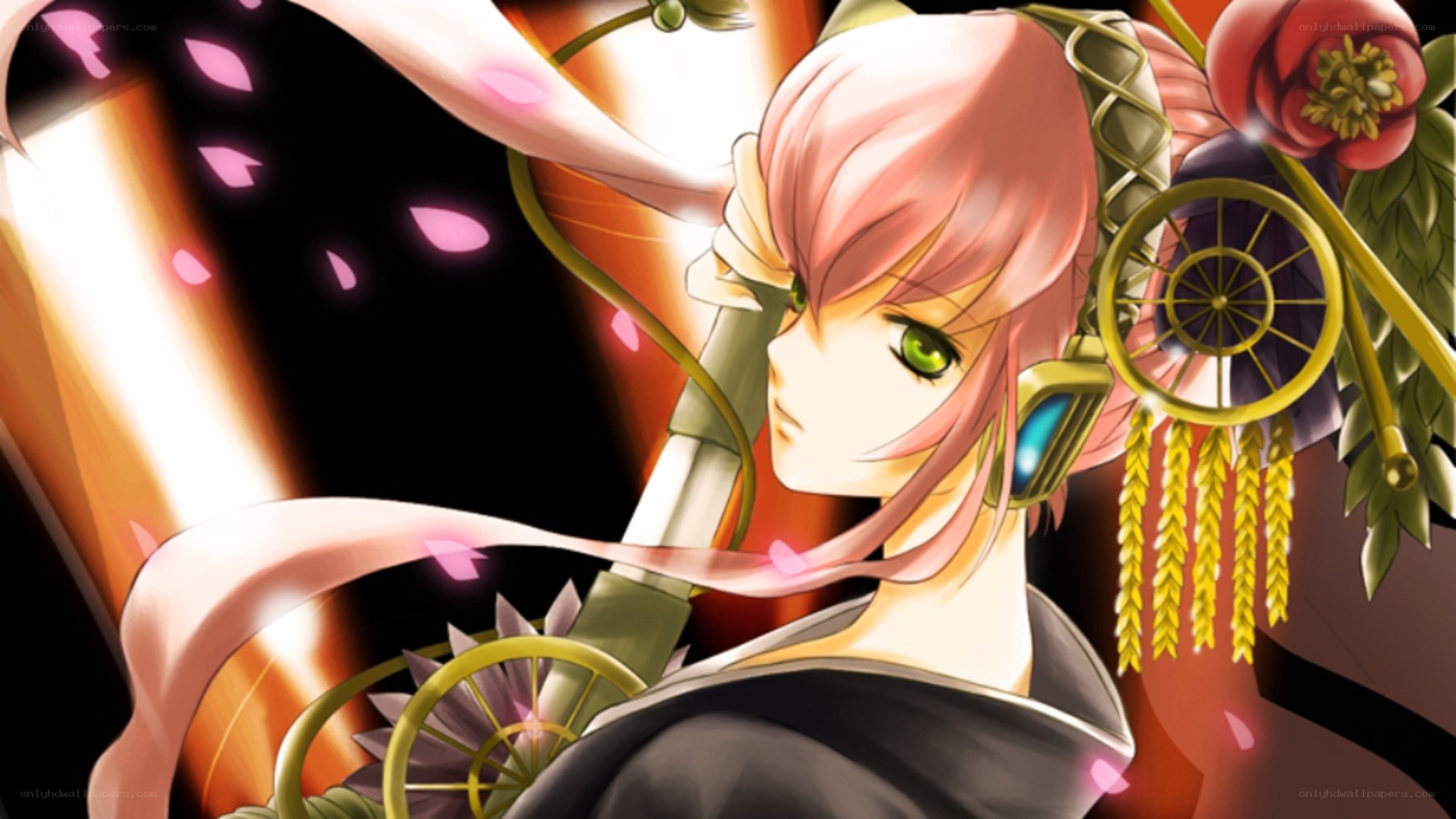 pink-haired anime character with headphones