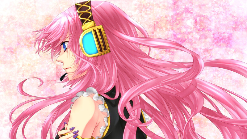 pink-haired anime character with headphones