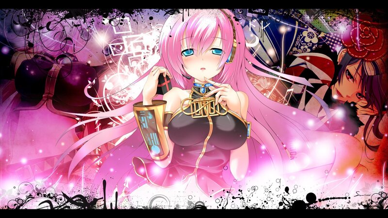 pink-haired anime character with headphones
