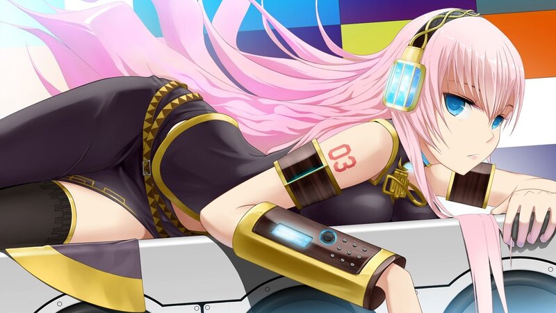 pink-haired anime character with headphones
