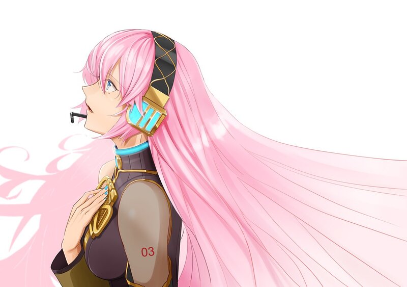 pink-haired anime character with headphones