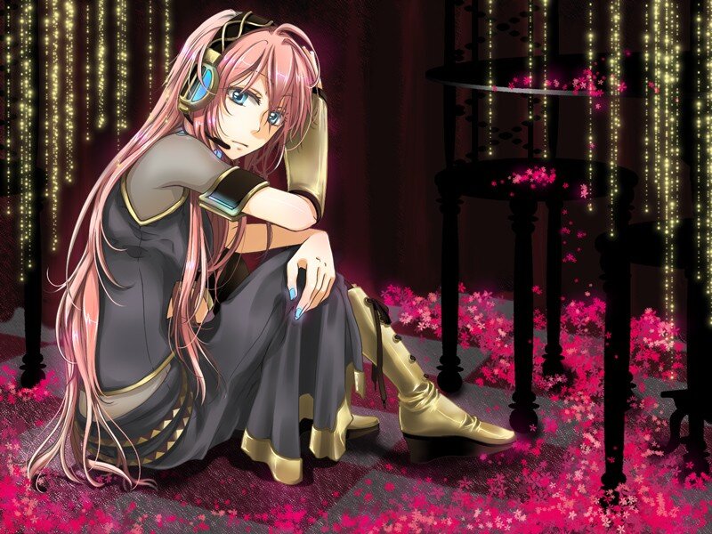 pink-haired anime character with headphones