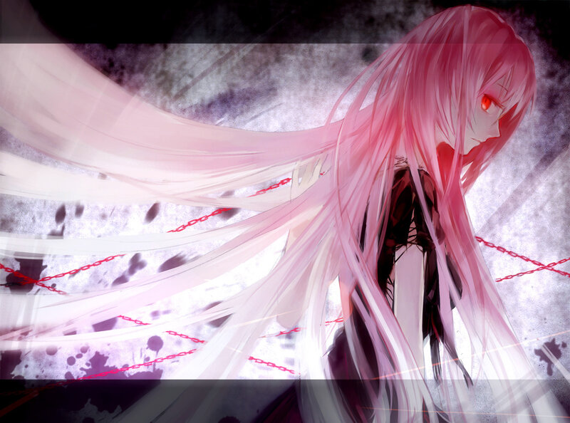 pink-haired anime character with red eyes