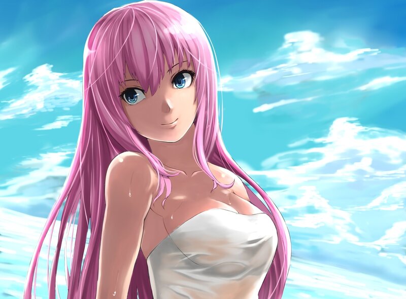 pink-haired anime girl at beach