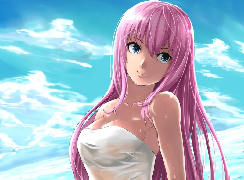 pink-haired anime girl at beach