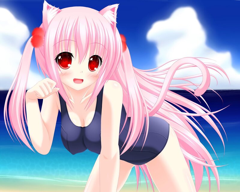 pink-haired anime girl at beach