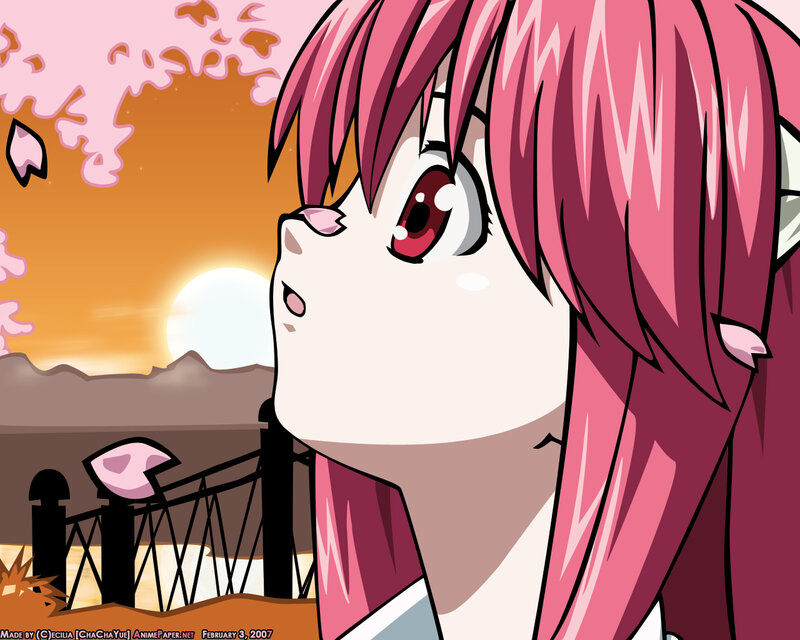 pink-haired anime girl at sunset