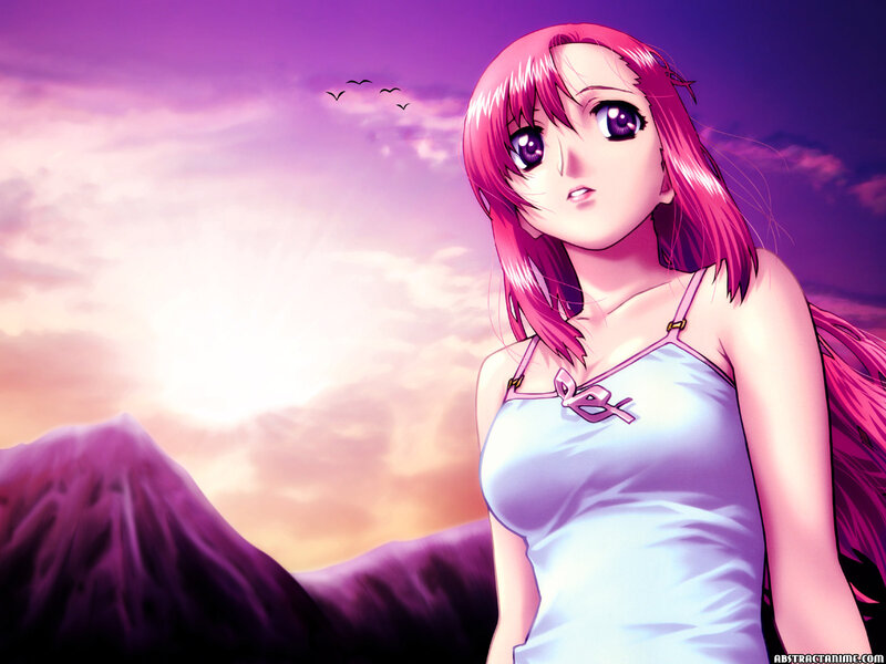 pink-haired anime girl at sunset