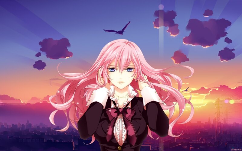 pink-haired anime girl at sunset