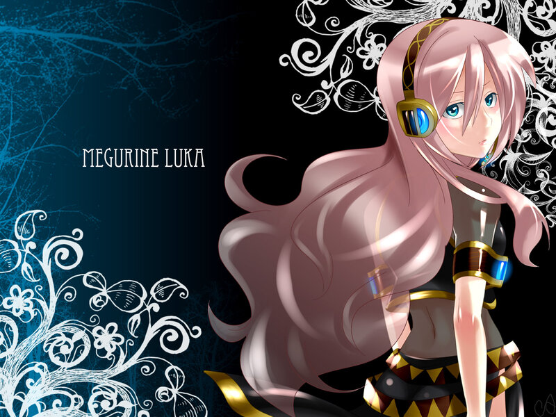 Pink-haired Anime Girl — Black, Dramatic, Digital Art, Headphones, Floral Patterns