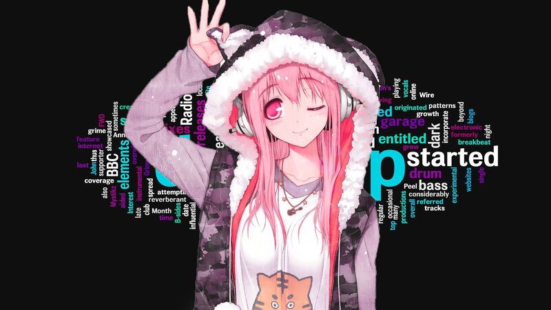 Pink-haired Anime Girl — Black, Playful, Headphones