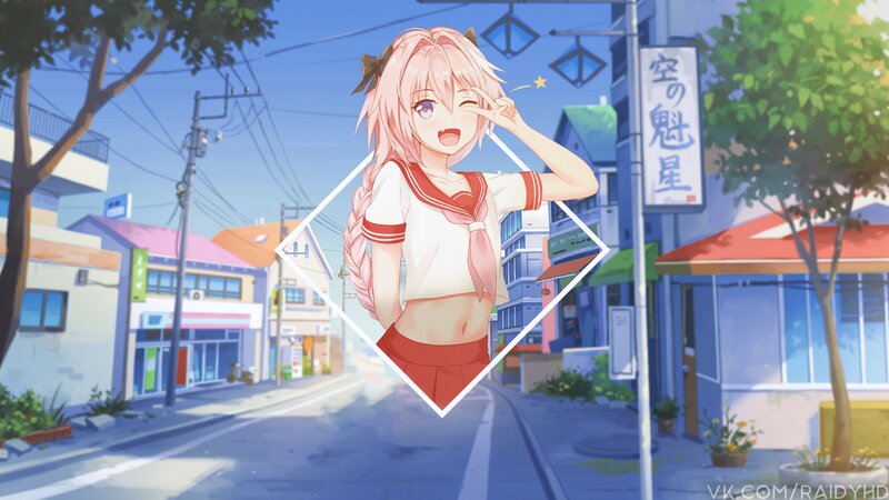 Pink-haired Anime Girl — Blue, Cheerful, Afternoon, Sailor Uniform