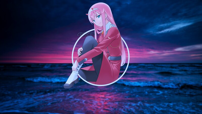 Pink-haired Anime Girl — Blue, Dramatic, Sunset