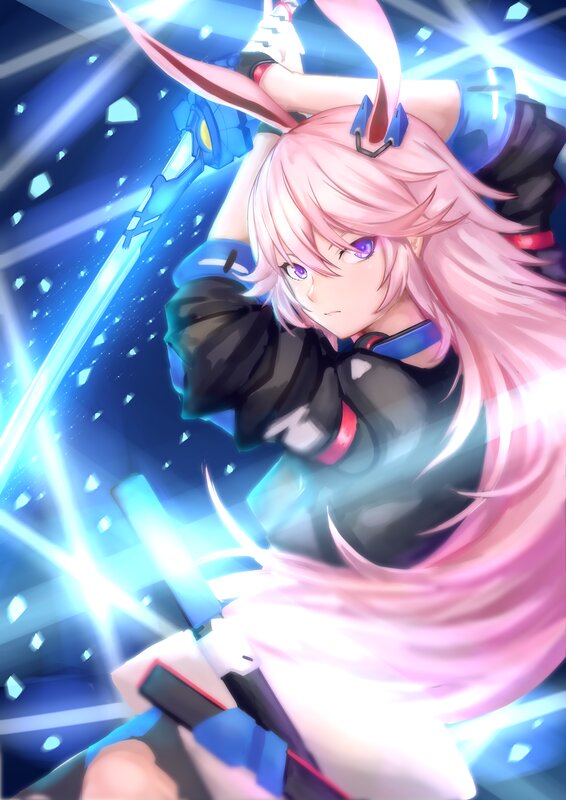 Pink-haired Anime Girl — Blue, Dramatic, Sword