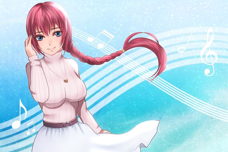 Pink-haired Anime Girl — Blue, Serene, Musical Notes, Braided Hair