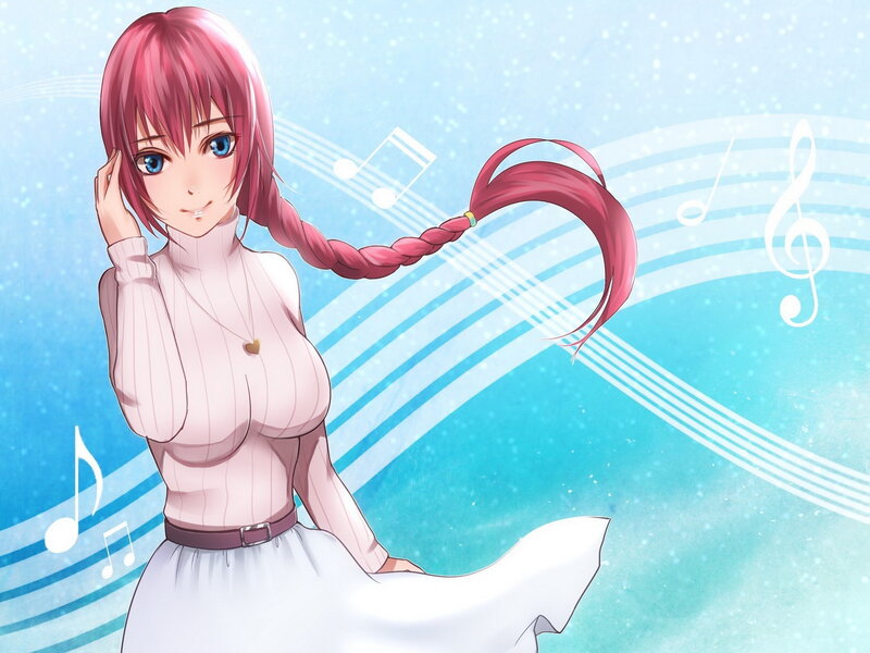 Pink-haired Anime Girl — Blue, Serene, Musical Notes