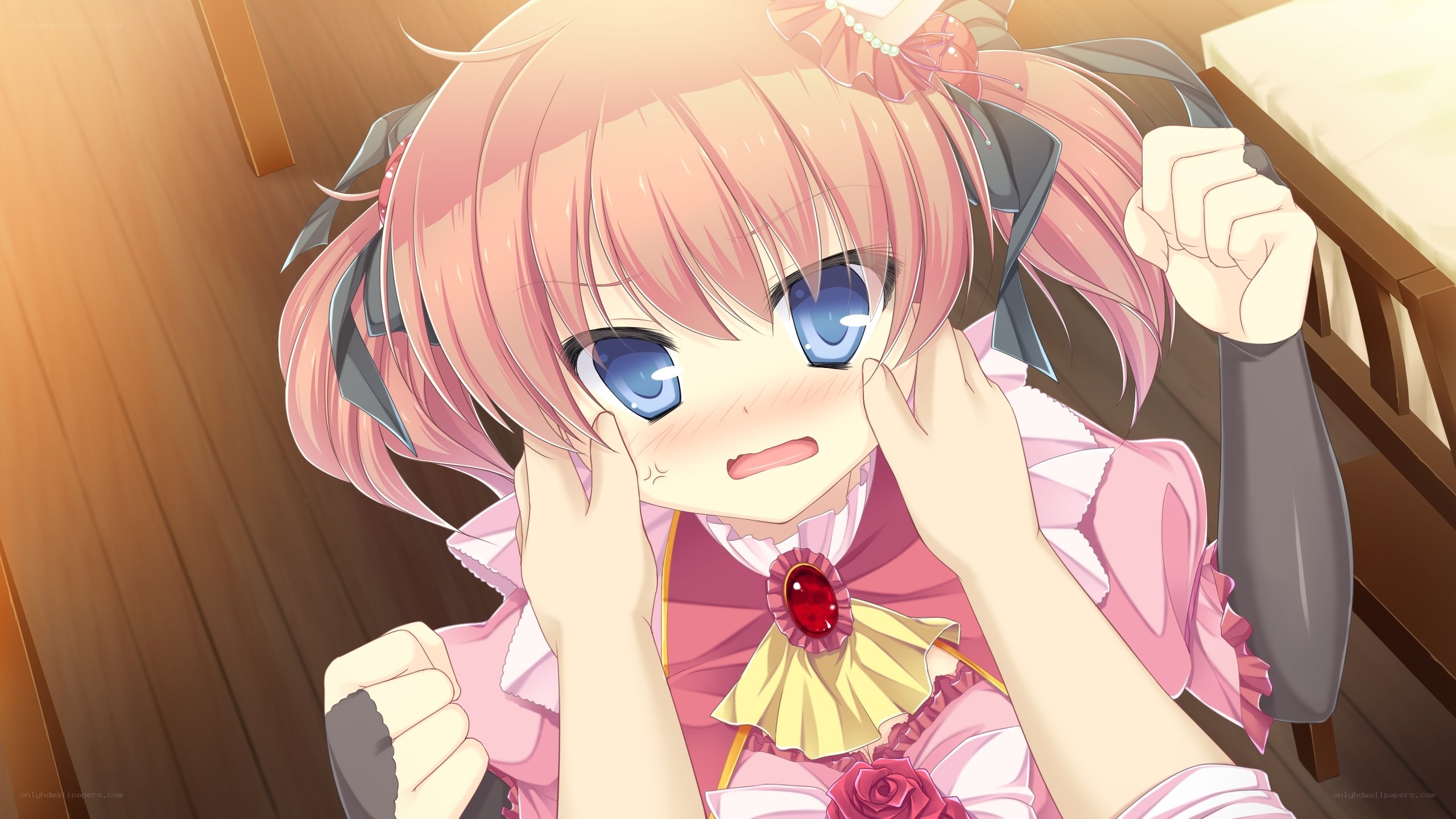 pink-haired anime girl blushing