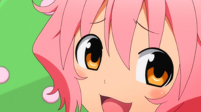 pink-haired anime girl close-up
