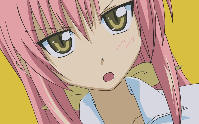 pink-haired anime girl close-up