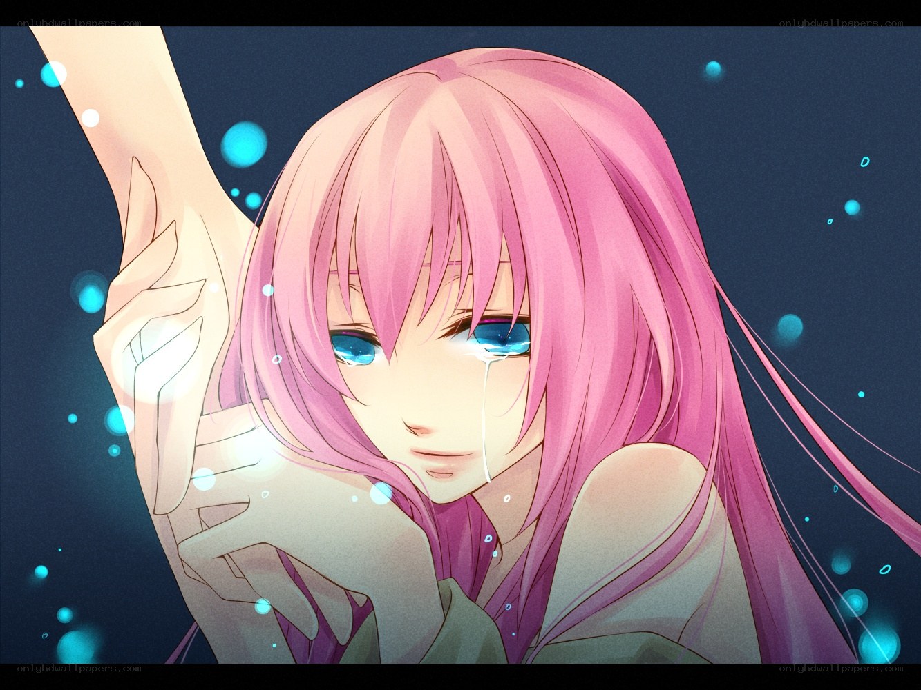 pink-haired anime girl crying