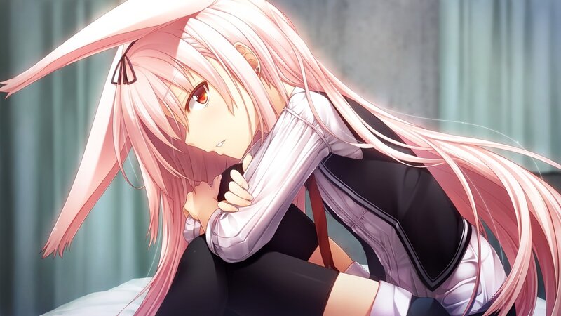 pink-haired anime girl hugging knees