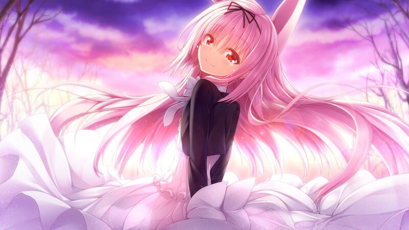 pink-haired anime girl in a field