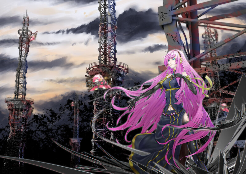 Pink-haired anime girl in a ruined city