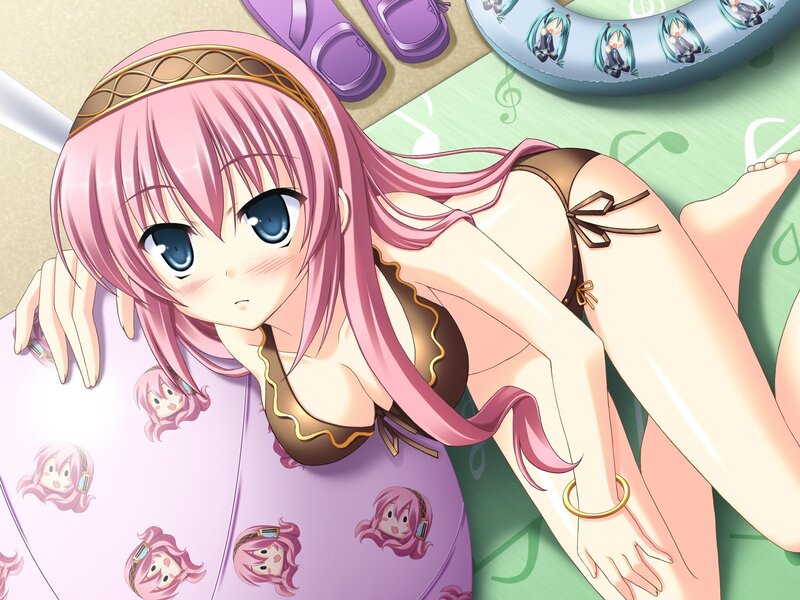 pink-haired anime girl in bikini