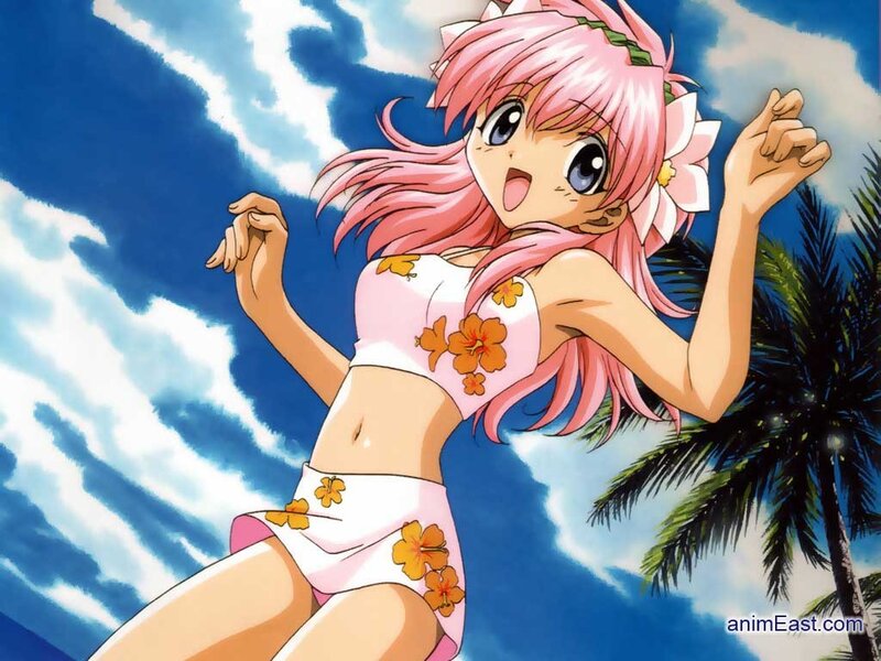 pink-haired anime girl in bikini
