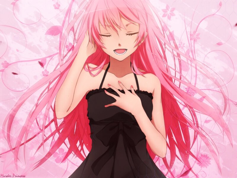 pink-haired anime girl in black dress