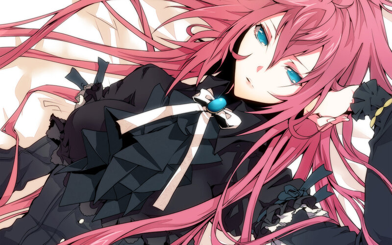 pink-haired anime girl in black dress