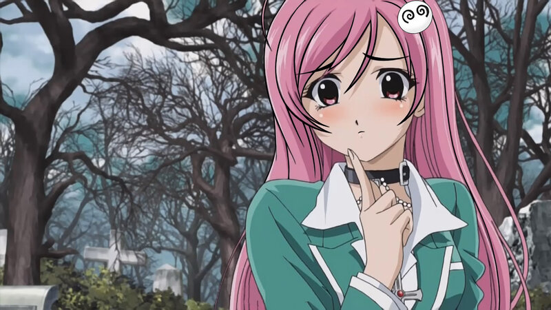 pink-haired anime girl in cemetery