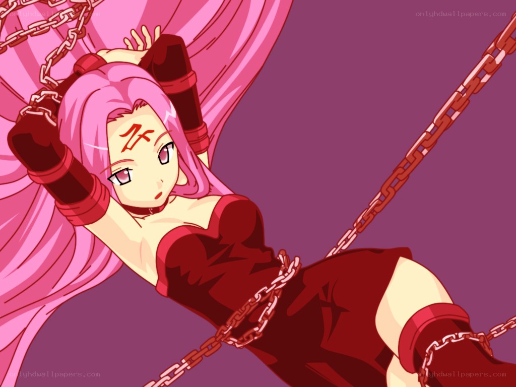 pink-haired anime girl in chains