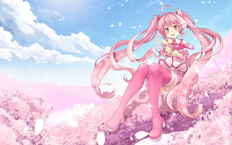 pink-haired anime girl in cherry blossoms