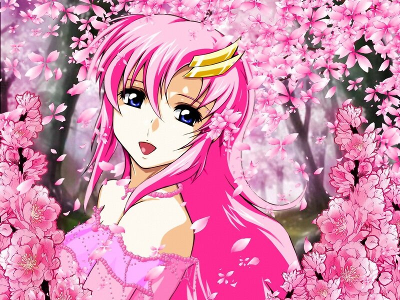 pink-haired anime girl in cherry blossoms