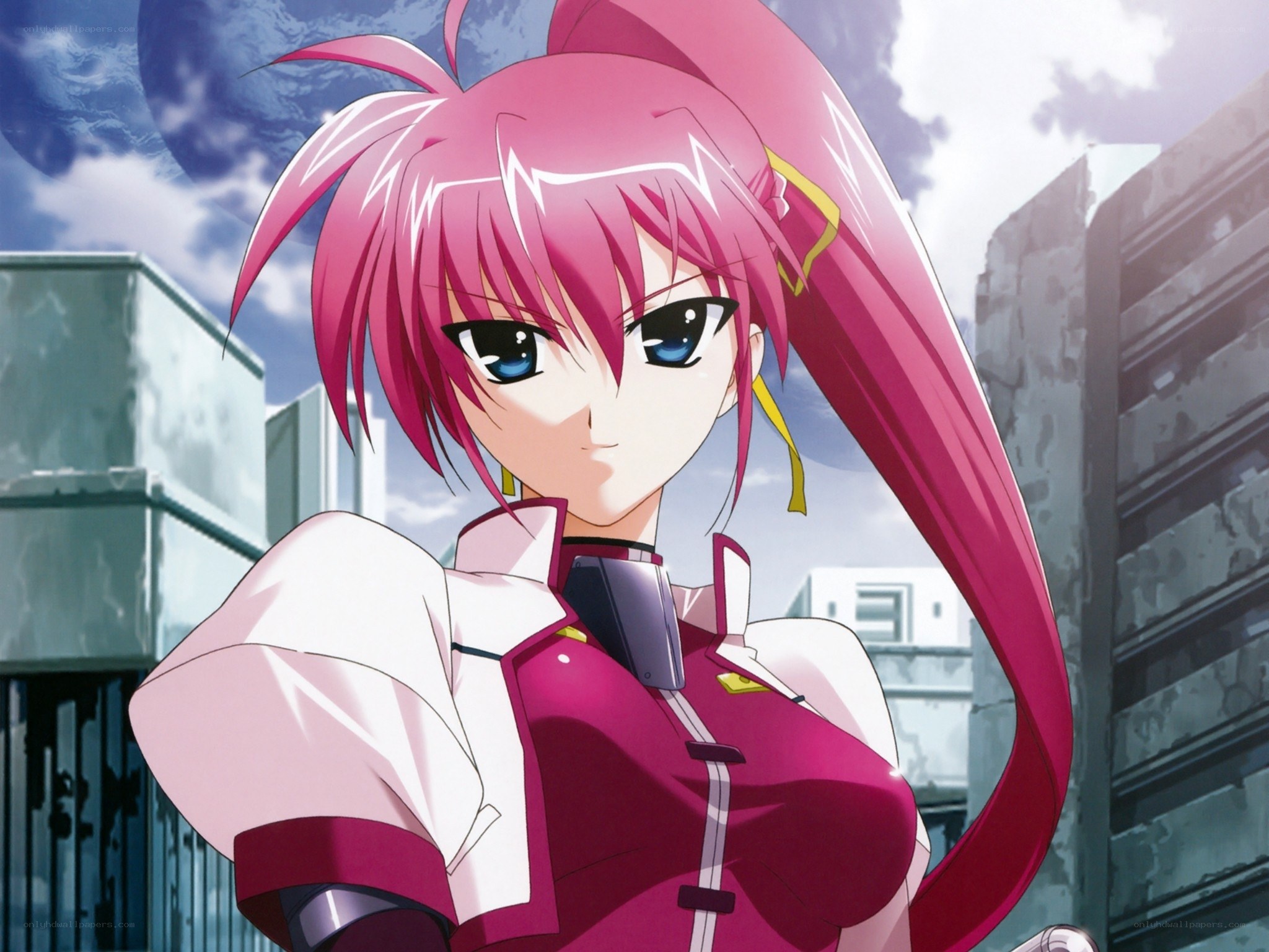 pink-haired anime girl in city
