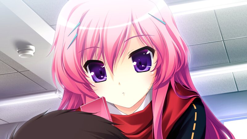 pink-haired anime girl in classroom