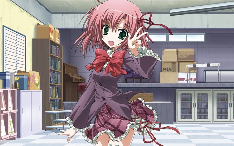 pink-haired anime girl in classroom