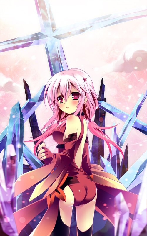 pink-haired anime girl in crystal cave