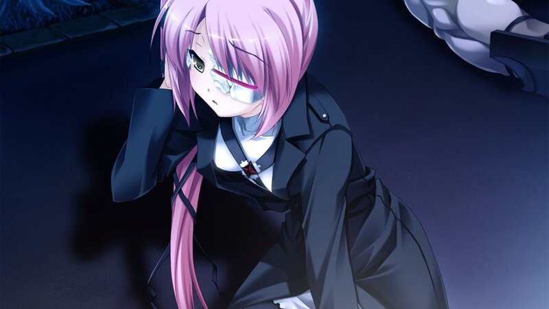 pink-haired anime girl in dark coat