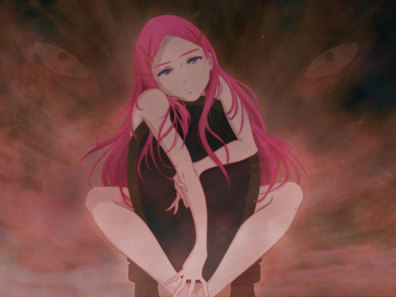 pink-haired anime girl in dark setting