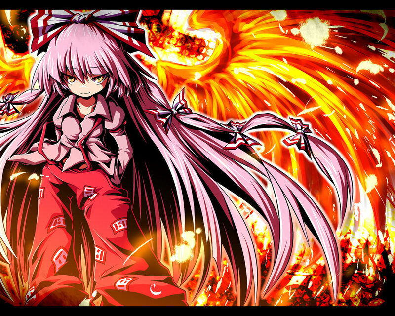pink-haired anime girl in fire