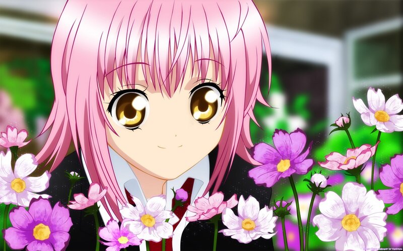 pink-haired anime girl in flowers