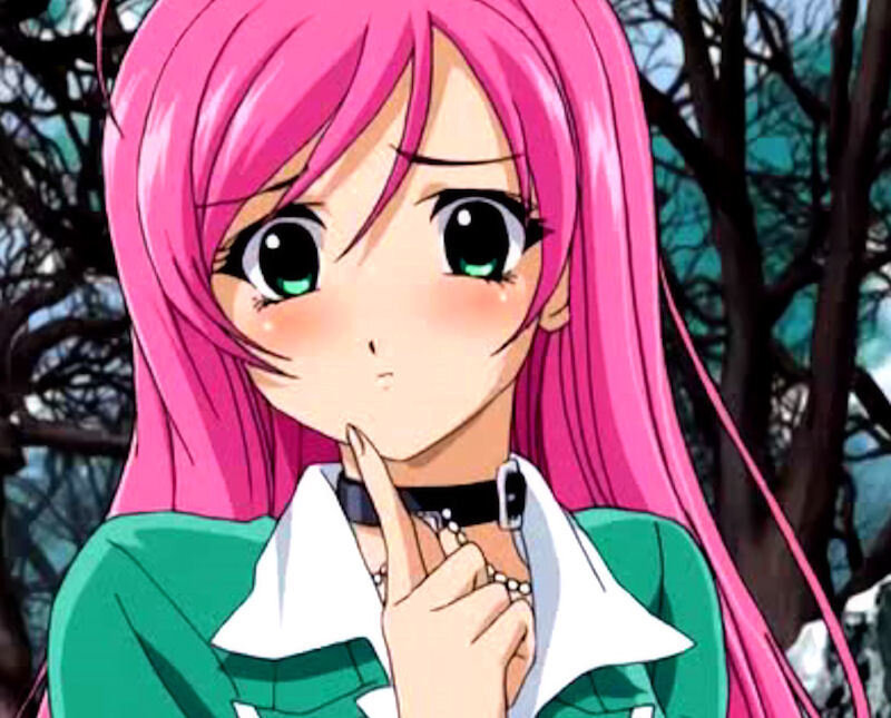 pink-haired anime girl in forest
