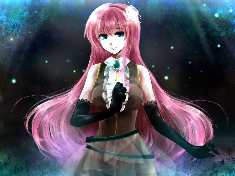 pink-haired anime girl in forest