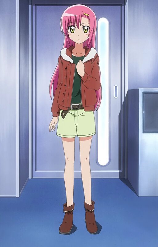 pink-haired anime girl in hallway
