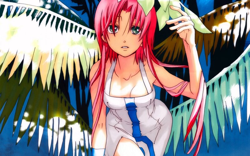 pink-haired anime girl in jungle