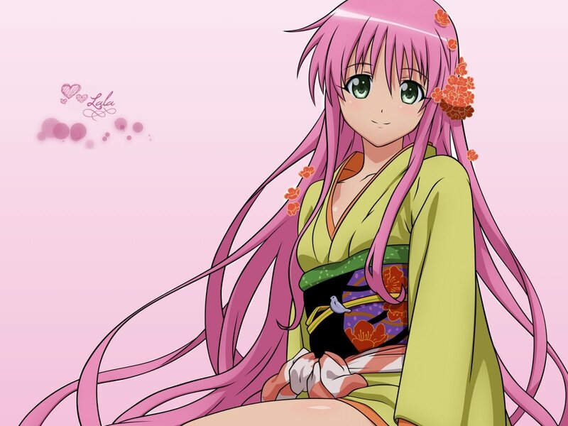 pink-haired anime girl in kimono