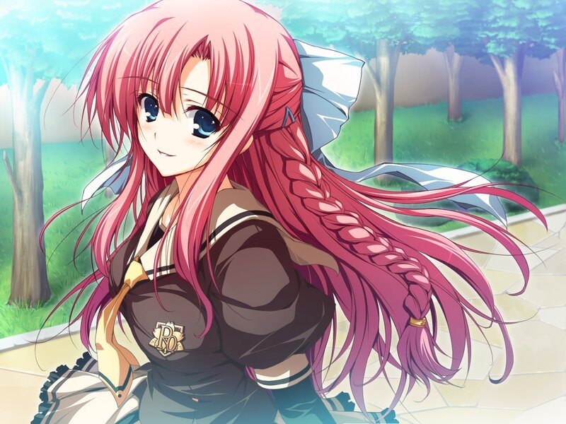 pink-haired anime girl in park